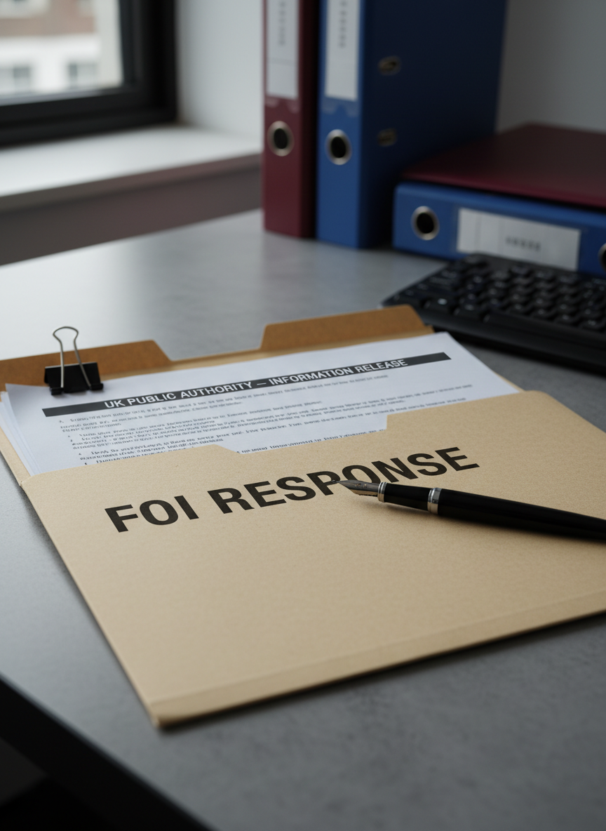 A close-up, photographic shot of a manila folder stamped “FOI RESPONSE” in crisp, dark ink, resting on a textured grey office desk. The folder is slightly open, revealing neatly clipped typed pages with visible but unreadable black text and a bold heading referencing a UK public authority. A classic black fountain pen lies diagonally across the folder, its metal nib catching the light. Cool, overcast natural light from a nearby window creates soft, realistic highlights on the pen and gentle shadows along the folder’s edges. The composition follows the rule of thirds, with a shallow depth of field softly blurring a background of stacked ring binders and a computer keyboard, evoking a professional, investigative atmosphere suitable for serious student journalism.