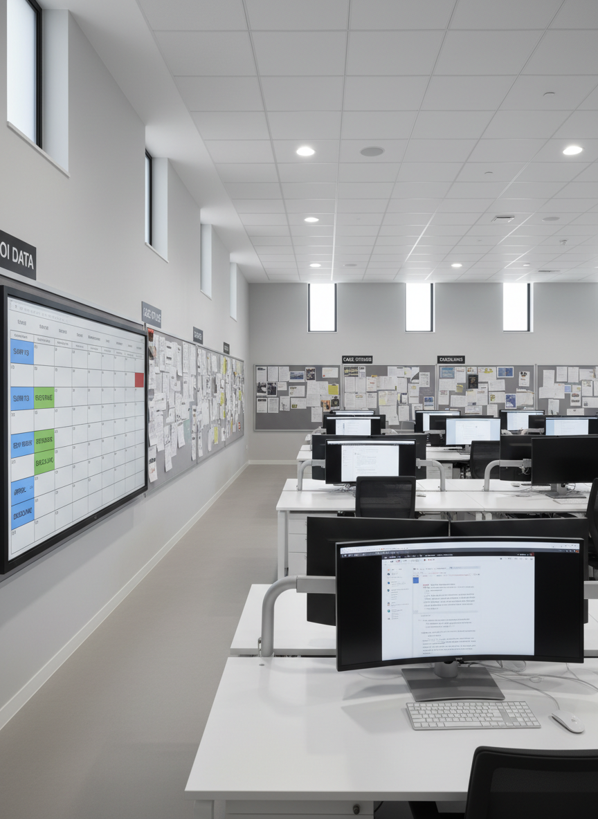 A wide, photographic interior of a modern university newsroom without people, featuring rows of sleek white desks each with dual monitors showing blurred article drafts, and corkboards on the walls covered in pinned printouts labelled “FOI data,” “case studies,” and “deadlines.” In the foreground, a large wall-mounted calendar is filled with colour-coded entries such as “submit FOI,” “review response,” and “appeal deadline.” Neutral overhead office lighting creates even illumination, while faint daylight from high windows adds soft, natural highlights. The mood is industrious and analytical, with clear lines and a clean, contemporary aesthetic. Captured at eye level with deep focus, the composition leads the eye from the calendar into the depth of the busy yet ordered space, reinforcing organised, methodical FOI work.